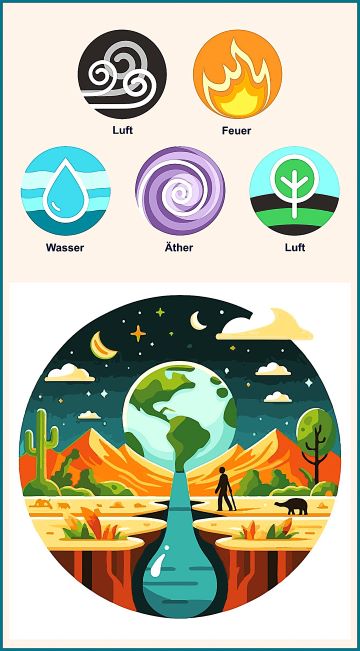 Collage zeigt das System Erde und Natur, die Elemente