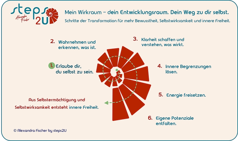 Grafik zeigt das Wirkmodell von steps2U und die Schritte zur Transformation für Bewusstheit, Selbstwirksamkeit und innere Freiheit. 